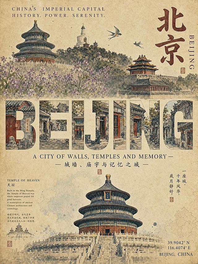 竖版复古城市海报，主色调为米黄旧纸色+古建红墙蓝瓦，整体复古水彩插画风，8K质感。
主体画面：
上半部分是北京地标水彩插画（故宫、天坛、长城剪影、玉兰花、燕子）；中间是“BEIJING”字母由不同北京景点的插画拼接而成；底部是四大景点（故宫、天坛、长城、颐和园）的插画与介绍，营造复古城市氛围感。
文字排版：
- 顶部：英文“CHINA'S IMPERIAL CAPITAL HISTORY. POWER. SERENITY.”，右侧大字“北京 BEIJING”。
- 中间：文案“A CITY OF WALLS, TEMPLES AND MEMORY — 城墙、庙宇与记忆之城 —”。
- 底部：四大景点介绍、经纬度坐标“39.9042° N 116.4074° E BEIJING, CHINA”。
整体风格：复古水彩风、城市地标海报、北京主题、文艺高级。
参考提示词生成四张3：4的，要求每张不能一样可以同色系但是内容要完全不一样