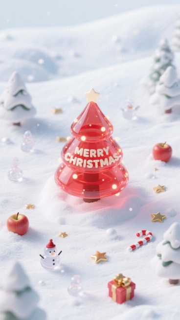 鸟瞰角度，红色透明塑料圣诞树嵌在雪地中，" MERRY CHRISTMAS ”小字装饰，苹果、小透明塑料小雪人、礼物盒、圣诞树、拐杖糖，金色星星、雪地背景，冬日雪景氛围，元素排列尽量随机预览效果