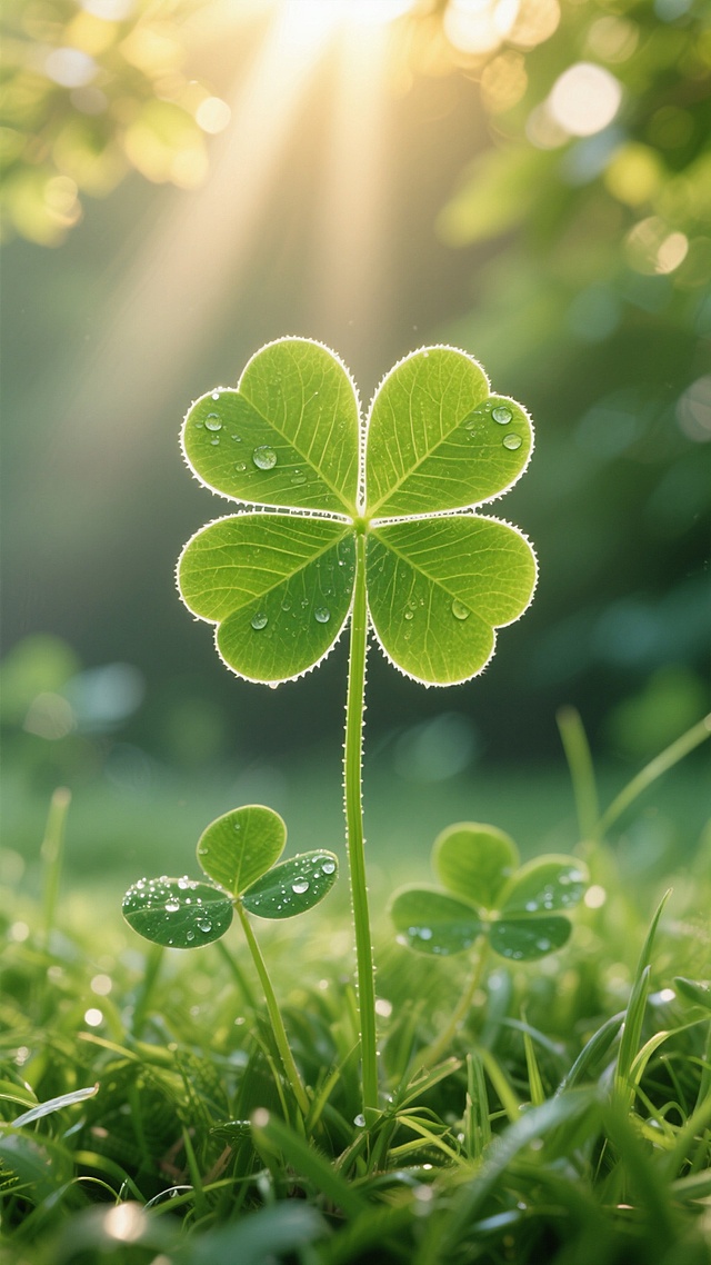 一株生长在绿色三叶草草丛中的四叶草特写，四片心形叶片边缘有精致的白色轮廓，叶片上带有清晰的叶脉纹理和晶莹的露珠，细长的绿色茎干挺拔，背景是模糊的绿色植物，上方有温暖的金色阳光透过树叶形成的光束，整体呈现出清晨自然、清新、生机勃勃的氛围，光线柔和，具有高度写实的质感和细腻的光影表现，画面聚焦于四叶草，周围三叶草作为陪衬，营造出幸运、纯净的意境。
