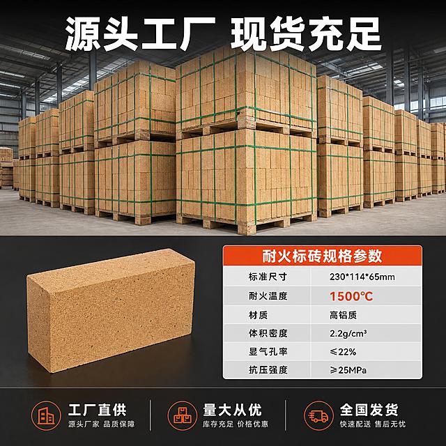 [主图-3] 耐火标砖工厂实力与规格展示图，展示工厂仓储批量库存和标准规格参数，传递货源充足、规格标准的信任感。
[统一基调] 工业专业风，深灰渐变背景配橙红色强调色，主标题白色粗黑体，辅助文字浅灰色，整体干净硬朗有力量感，传递工厂直供专业可信的建材品质感。
[画面] 画面上半部分展示工厂仓库中整齐码放的耐火标砖托盘堆垛场景，多托耐火砖整齐排列，砖体黄褐色砂质感，用绿色打包带固定，仓库环境宽敞明亮，体现库存充足工厂实力，上半部分占画面约55%。画面下半部分左侧放一块单独的耐火标砖立体展示，右侧放规格参数表。参数表包含：标准尺寸230*114*65mm、耐火温度1500℃、材质高铝质、密度2.2g/cm³等关键参数。底部有"工厂直供 量大从优"的信任标语。
[光影质感] 上半部分仓库场景为真实工业仓储光影，顶部自然光均匀洒下，砖堆层次分明阴影自然。下半部分产品和参数表区域为棚拍质感，光线均匀清晰，整体光影过渡自然。
[配色] 上半部分仓库场景保持真实工业色调，下半部分深灰背景延续统一风格，橙红色用于参数表头和重点数据，白色主标题，浅灰色参数文字，砖体本色不变。
[文字版式] 画面顶部大标题"源头工厂 现货充足"，白色粗黑体，横跨上部。下半部分右侧参数表用表格形式，表头橙红色底白字，参数行浅灰色底深灰字，关键数据如"1500℃"用橙红色突出。底部标语"支持定制 规格齐全 全国发货"白色小字居中。文字排版清晰专业。
[输出要求] 1:1正方形比例，2048*2048，仓库场景真实有气势，砖体纹理清晰，参数表规整易读。负向：砖体变形、仓库场景虚假、文字错字、水印、杂乱堆放、卡通风格、模糊不清。