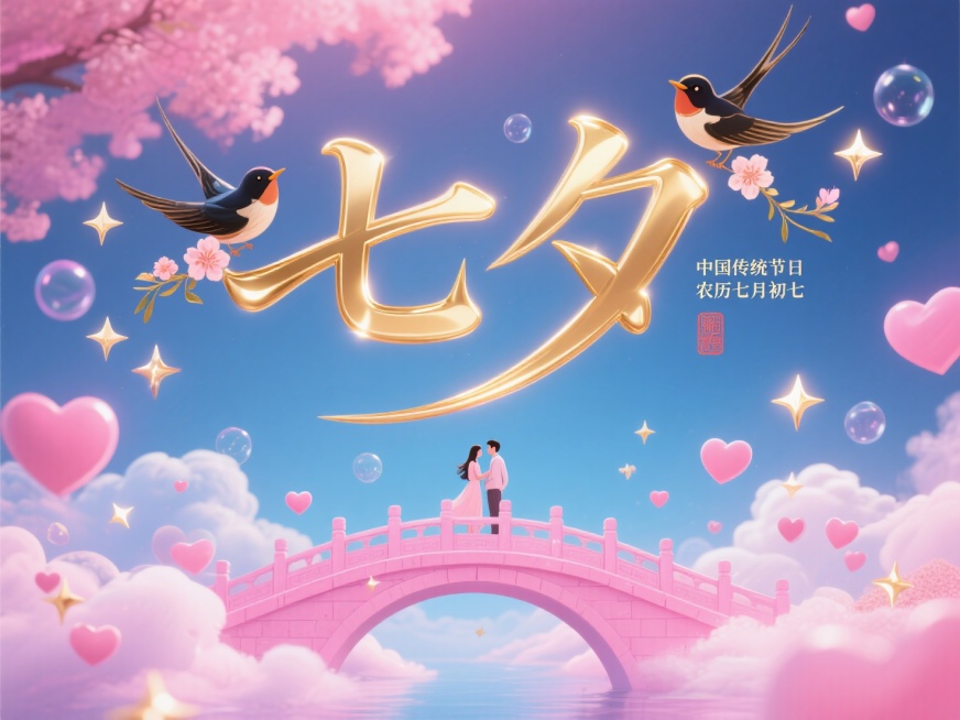 横向金色文字"七夕"。创意字体设计点缀两只喜鹊、花朵元素，线条流畅，高级感，粉色背景，高纯度配色。加小标题”中国传统节日“ ”农历七月初七“和小印章。设计一条小桥，小桥要粉粉的稍稍有一些虚幻感觉，用一预览效果