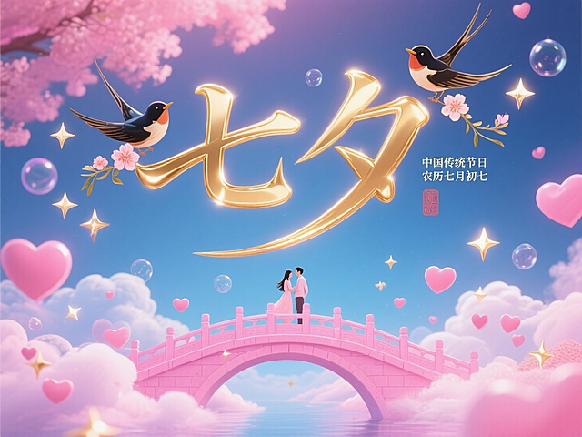 梦幻插画风，浪漫七夕节，大字“七夕”闪耀，情侣桥上相拥，超现实甜美场景。