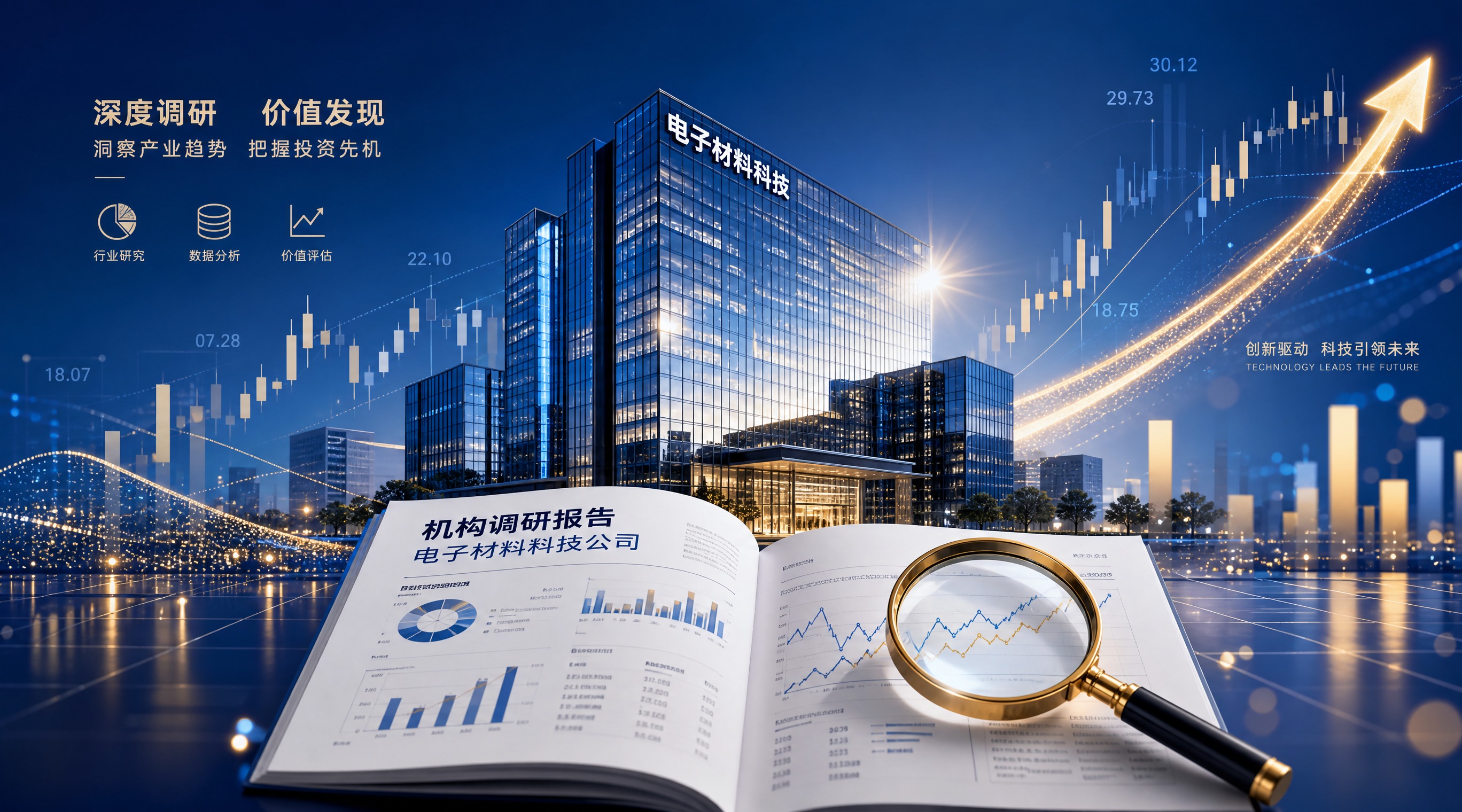 财经科技感封面图，主题为机构调研电子材料科技公司。画面中心是一… - 图片创意预览
