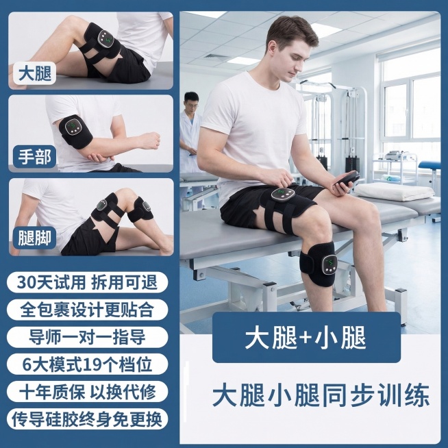 保持康复训练产品图不变，稍微调整模特肢体动作，模特皮肤增白自然，背景替换为医院康复中心，卖点文字内容不变，更改文字颜色和框架模板，版式略有不同预览效果