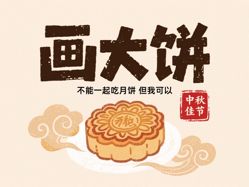 小字“不能一起吃月饼 但我可以”，大字“画大饼”，文字布局紧凑，背景浅米色，中心搭配手绘月饼元素，点缀祥云纹理，红色印章中秋佳节预览效果