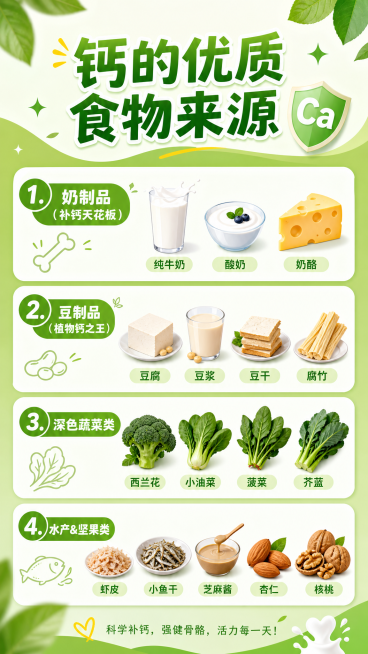 微信公众号科普长图，标题为"钙的优质食物来源"，简约活泼现代风格，使用清新明亮绿色配色，每个类别搭配对应食物小插图，文字清晰易读：

1. 🥛 奶制品（补钙天花板）
纯牛奶、酸奶、奶酪

2. 🥬预览效果