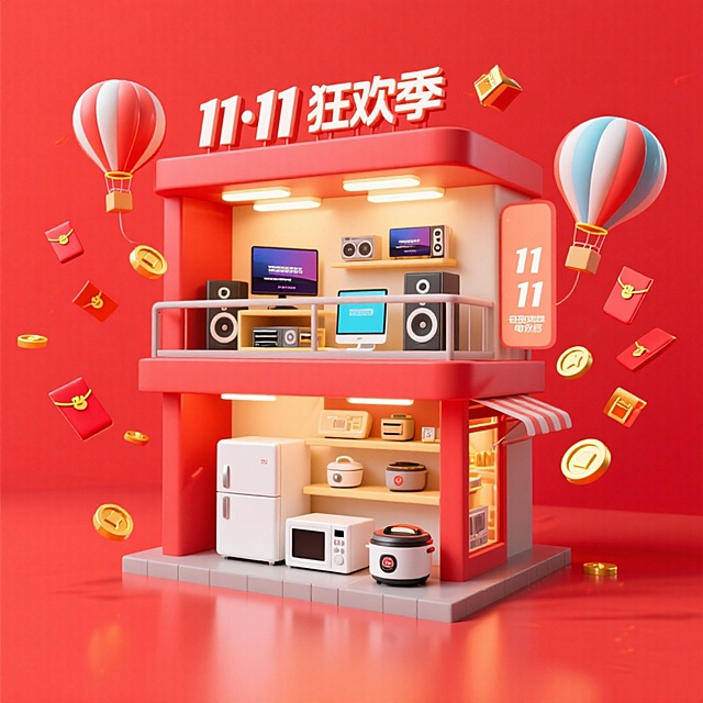 画面主视觉是一家双层电器店，门店招牌挂着“11·11 狂欢季”，一楼摆放白色冰箱、微波炉、电饭煲等厨房家电，二楼摆放电视机、音响、电脑等娱乐设备，周围环绕着金币、红包、热气球等元素，电商红色氛围。