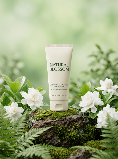 将护手霜产品自然融入自然场景，画面正中央直立放置产品，产品放置在一块质感粗糙的深色岩石上，岩石表面覆盖着鲜活翠绿的青苔，岩石周围布置着盛开的纯白色栀子花、绿色蕨类植物和圆润绿叶，背景是干净柔和的浅绿色预览效果