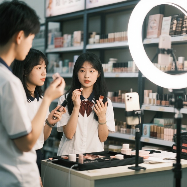 “电商实训 + 中职生在电商实训室操作网店后台 + 写实风格 + 多名学生围坐电脑前，屏幕显示千牛工作台界面，老师俯身指着屏幕指导，桌上放着实训手册”
“直播实训 + 中职生在校园直播间练习美妆带货预览效果