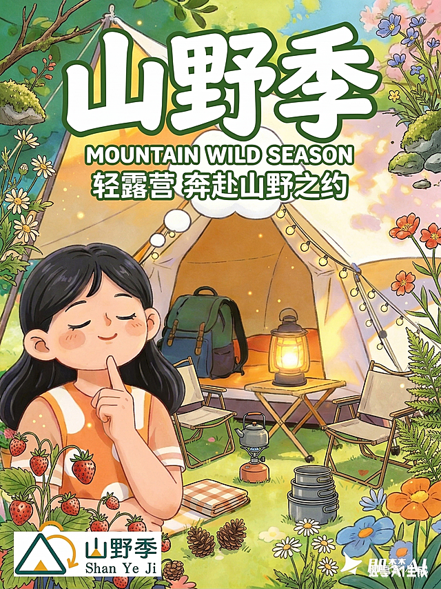 基于原图，保留原海报的背景、人物和所有文字内容不改变，参考第二张图的装饰方向，增加轻露营相关产品元素丰富画面，整体风格保持和原图一致的手绘插画风格，添加更多花草、松果这类自然装饰元素点缀四周，保留原海报整体版式