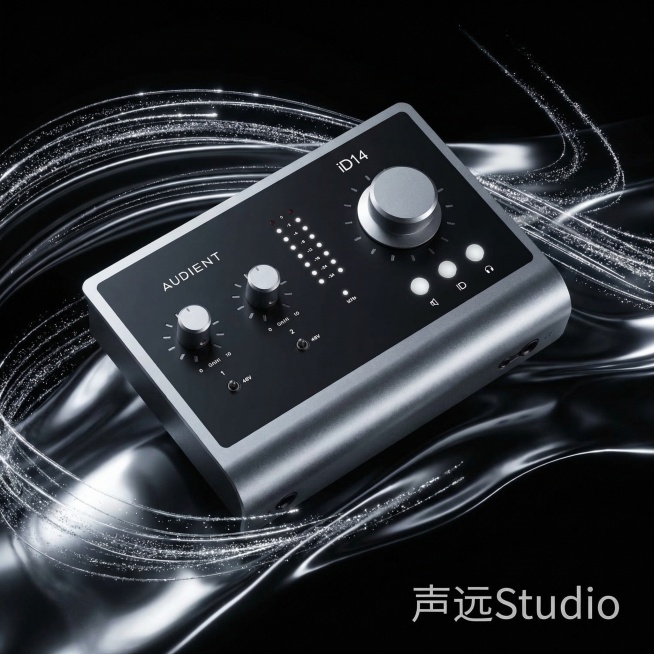 [主图1] Audient iD14 MKII声卡首图，黑色科技感背景，流动金属光效，银色粒子光影，声卡居中放置，主体占比60%，外观和原图完全一致，冷白色柔光打光凸显金属机身质感，右下角悬浮白色无衬预览效果
