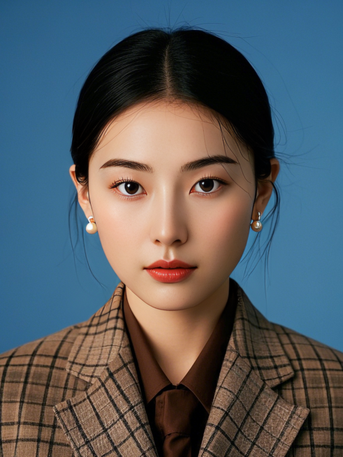 一个女生，英伦学院风，浅棕色格子西装，纯色背景预览效果