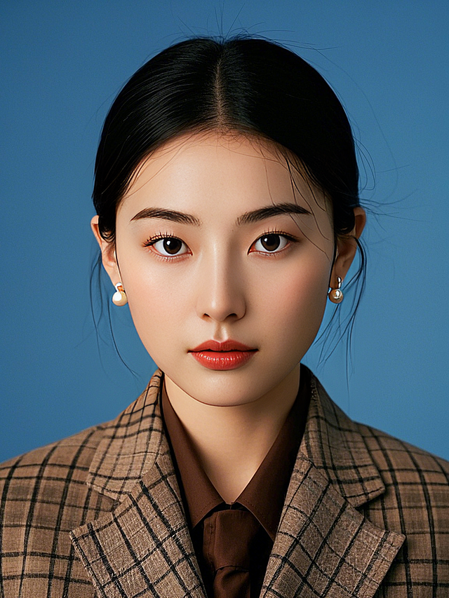 一个女生，英伦学院风，浅棕色格子西装，纯色背景