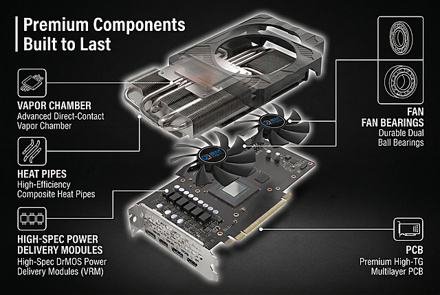 保持画面内容不变，调整为970*600像素尺寸，Technical exploded view of NVIDIA RTX 3060 graphics card, transparent perspective of heatsink shell, line art and icons pointing to vapor chamber, heat pipes, high-spec power delivery modules, PCB, and fan bearings, industrial line art combined with realistic rendering, dark background with highlighted key components, text overlay: "Premium Components | Built to Last", target audience: tech enthusiasts, PC builders.