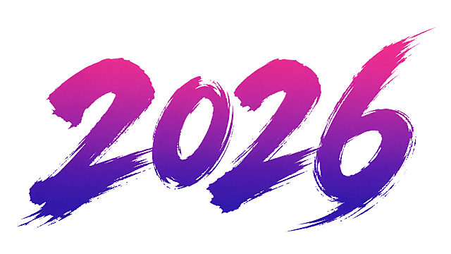 "2026"，参考图片的书法毛笔字体风格，紫粉渐变飞白笔触，中国风毛笔书法字体，白色背景