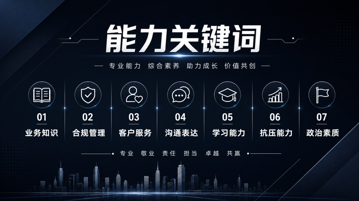 业务知识  合规管理  客户服务  沟通表达  学习能力  抗压能力  政治素质预览效果