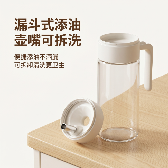 [主图 2] 展示油壶盖子内部结构与漏斗式添油设计，油壶开盖放在浅木色台面上，展示盖子内部的出油导管和添油口结构，使用用户提供的实拍产品图，保持油壶外观（即物理结构、材质质感、颜色）与实拍产品图绝对一预览效果