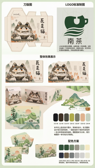 重新设计第二张展板，调整版式布局，保留原有的猫咪元素和设计风格，融合参考图一至图四的猫咪图案元素，采用图五图六的现代平面设计展示风格，包含刀版图、LOGO展示和整体效果展示区域，整体版式重新编排，保留预览效果