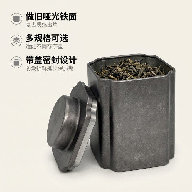 [主图 2] 复古梅花罐茶叶罐核心卖点展示。[氛围风格] 简约干净，突出产品功能；[画质] 商业摄影质感、光线柔和通透、产品清晰真实、画面干净高级。[元素] 中号复古梅花罐茶叶罐开盖展示，放置在纯净浅预览效果