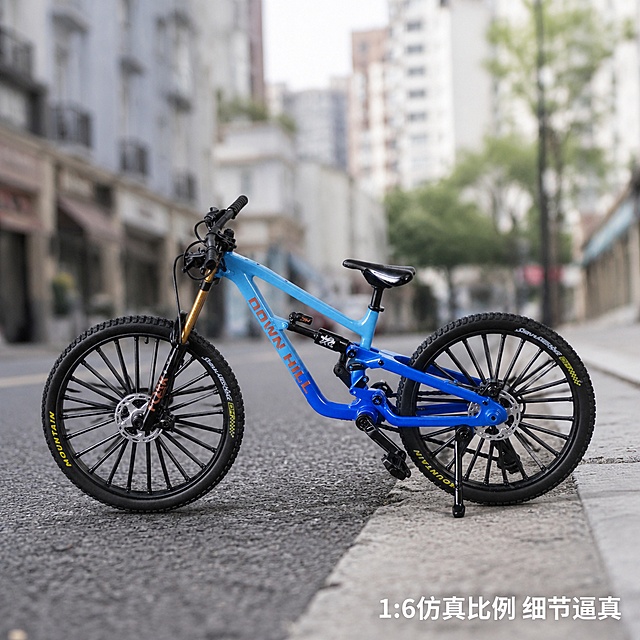 「图片1」生成一套主图（7张），商品名称是仿真自行车，重新来，卖点前后双减震，合金车身，山地车模型，挑战越野，结实坚固，仿真设计，橡胶轮胎，1：6YT合金自行车模型，，适配拼多多平台，主图比例为1:1，要求有真实的越野场景，像真实自行车一样的越野场景，城市场景，户外场景都需要，场景虚化