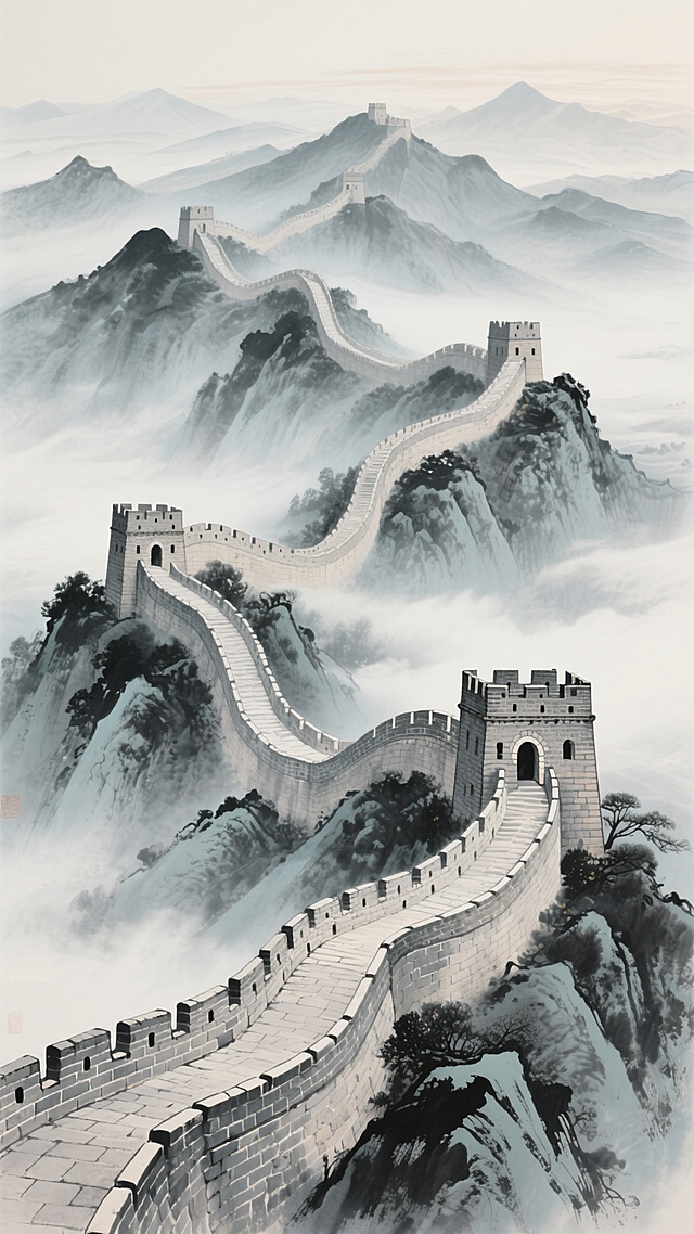中国长城蜿蜒盘旋于层峦叠嶂之上，采用细腻的水墨画风，以青灰色砖石为主色调，搭配淡雅的墨色山峦与朦胧的云雾背景，展现出古朴典雅的意境，城墙细节清晰，烽火台错落有致，整体画面宁静悠远，充满东方韵味。