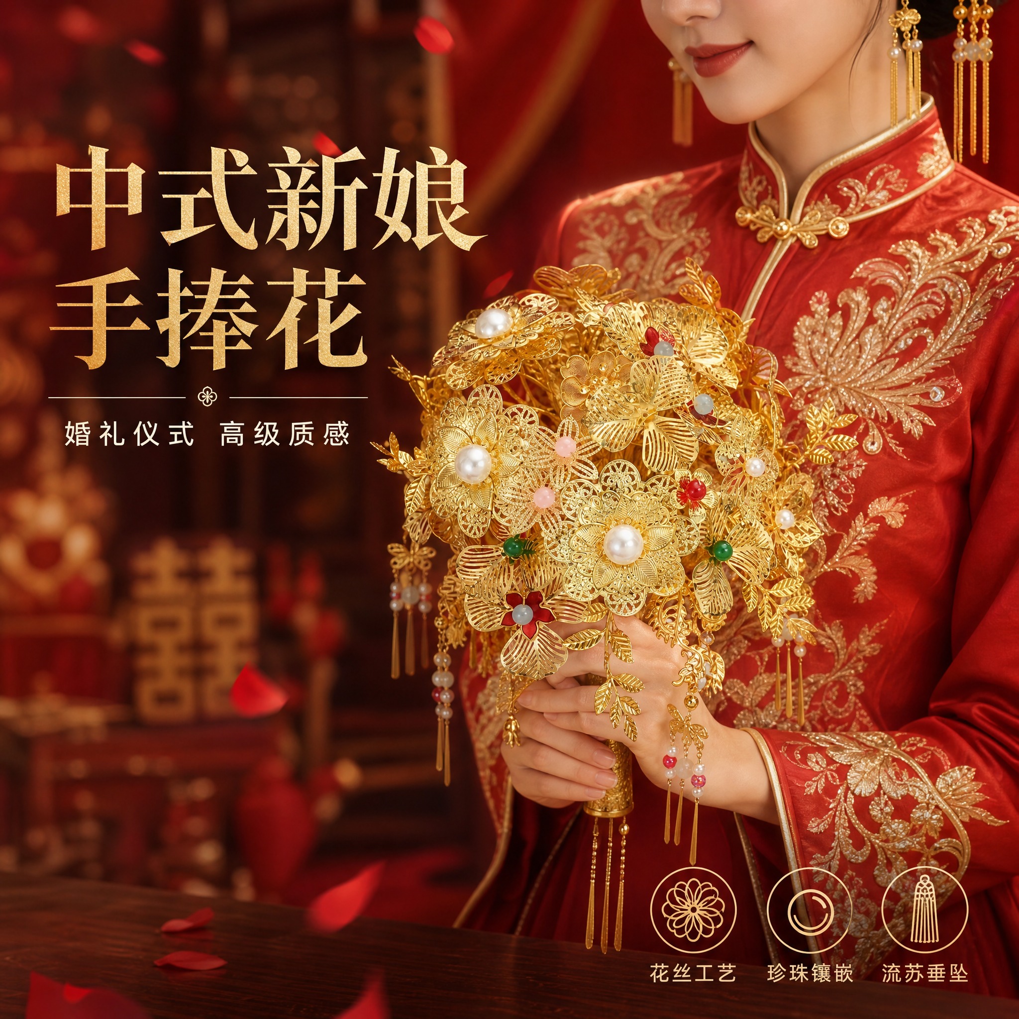 [单张主图] 中式新娘金色手捧花 高级氛围感主图 拼多多1:1… - 图片创意预览