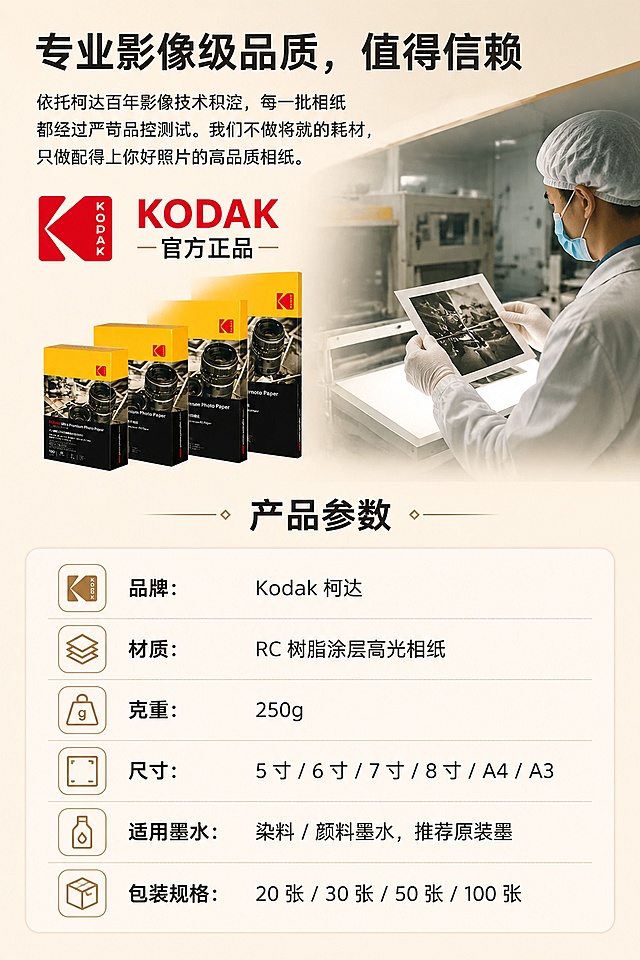 柯达高品质影像打印相纸・电商详情页生成提示词
一、整体定位
产品：Kodak 柯达 250g RC 高光防水相纸（喷墨打印）
目标人群：家庭用户、摄影爱好者、影楼 / 工作室、手账达人、宝妈
核心主张：好照片，值得更好的打印 —— 不是普通相纸，是「高品质影像打印整体解决方案」
调性：专业影像级质感 + 温暖有温度 + 信任背书感
版式：竖版电商详情页（手机端优先），图文并茂，每屏一个核心信息点
二、页面结构与逐屏指令（共 10 屏）
第 1 屏・首屏价值锚定（3 秒留客）
视觉：暖调光影特写 —— 一只手轻轻拿起一张刚打印好的照片，纸张边缘微翘，表面有细腻的高光质感，背景虚化的打印机隐约可见。画面温暖、有仪式感。
主标题（大字加粗）：打出来灰蒙蒙？那是相纸没选对
副标题：柯达 250g 专业 RC 相纸・屏幕所见即所得
底部标签条：纳米锁墨 | 瞬干不晕染 | 防刮耐磨 | 十年不褪色
第 2 屏・六大痛点共鸣（引发代入）
标题：打印照片，你是不是总遇到这些糟心事？
视觉：2×3 六个图标卡片，每个图标对应一个痛点，图标下方配短句
① 色彩发灰 —— 打出来和屏幕差太多
② 齿轮压痕 —— 满纸瑕疵细看就翻车
③ 频繁卡纸 —— 歪纸打滑还伤打印机
④ 一蹭就花 —— 整理堆叠全是划痕
⑤ 久晾不干 —— 边缘晕染粘成一团
⑥ 半年发黄 —— 回忆跟着褪色变旧
底部金句（居中放大）：不是你拍得不好，是相纸拖了后腿
第 3 屏・解决方案总起（建立期待）
标题：六大打印难题，一套方案全解决
副标题：我们不做普通相纸，我们提供「高品质影像打印整体解决方案」
视觉：一张相纸横放，六条光线从纸面射出，分别标注 6 大核心技术名称，科技感与质感兼具
引导语：针对用户反馈最集中的六大痛点逐一攻克，全面升级你的打印体验
第 4 屏・核心技术 1：色彩精准还原
标题：难题一・画面发灰不鲜艳？
视觉：左右分屏对比图 —— 左侧普通相纸（灰蒙蒙、饱和度低、人像肤色偏暗），右侧柯达相纸（色彩鲜亮通透、肤色自然、层次丰富），中间箭头标注「对比效果」
文案结构：
❌ 普通相纸：涂层疏松，墨水横向扩散，色彩黯淡发灰
✅ 柯达相纸：纳米级微孔结构，精准锁墨不扩散，色域更广
💎 色彩饱和度提升，鲜艳通透不发闷
💎 明暗层次丰富，黑位沉得下去、亮位透得出来
💎 屏幕所见即打印所得，色差更小
第 5 屏・核心技术 2：告别齿轮印
标题：难题二・齿轮印滚轮痕？
视觉：放大镜局部对比 —— 左侧放大可见明显的齿轮压痕和走纸纹路，右侧边缘平整光滑，人像发丝清晰锐利
文案结构：
❌ 普通相纸：涂层偏软，走纸被压出印子，细看全是瑕疵
✅ 柯达相纸：弹性承压配方，受压回弹，适配各类打印机走纸
🔍 无齿轮印、无滚轮痕、无走纸纹
🔍 整张画面均匀平整，裁切后边缘依然精致
🔍 人像发丝、文字线条分毫毕现
第 6 屏・核心技术 3+4：进纸顺畅 + 防刮耐磨
标题：难题三 & 四・卡纸伤机 + 一蹭就花？
视觉：上下分栏 —— 上半部分打印机顺畅进纸的动态示意（箭头 + 流线），下半部分刮擦实验对比（左侧刮花痕迹明显，右侧完好无损）
文案结构：
【不卡纸】
📐 精准挺度控制：不软不硬，适配主流机型进纸力度
✂️ 精密裁切工艺：边缘光滑无毛边，走纸不卡不歪
🌀 表面摩擦力优化：搓纸轮进纸更稳，减少连张打滑
【防刮花】
🛡️ 高硬度耐磨涂层，日常整理堆叠不留痕
🛡️ 表面防水防指纹，手碰不花
第 7 屏・核心技术 5+6：瞬干不晕 + 耐光不褪色
标题：难题五 & 六・晕染蹭墨 + 久放发黄？
视觉：左右分栏 —— 左侧「刚打印直接堆叠」的场景，纸张整齐叠放，画面干净不晕墨；右侧「阳光洒在相册上」，新旧照片对比，新纸鲜亮如初
文案结构：
【瞬吸秒干】
⚡ 微孔瞬吸配方，墨水秒固化
⚡ 即打即拿不脏手，堆叠不晕染不粘墨
【耐光抗氧】
☀️ 进口耐光染料 + 抗氧化涂层双重守护
☀️ 室内保存十年不发黄不褪色，回忆历久弥新
第 8 屏・九大适用场景（代入感）
标题：这些照片，都值得好好打印
视觉：3×3 九宫格场景图，每格一张生活化配图 + 场景名称，整体温暖有温度
九宫格内容：
🏠 家庭合影 —— 挂在客厅年年都是好色彩
✈️ 旅行纪念 —— 看过的风景妥帖收进相册
👶 宝宝成长 —— 每个瞬间都清晰，翻看依旧感动
👤 人像写真 —— 专业级输出，对得起每次精心拍摄
🐾 宠物日常 —— 记录毛孩子的可爱瞬间
🖼️ 装裱挂画 —— 上墙不褪色，装饰你的空间
📋 证件快照 —— 即打即干，干净利落
📔 手账素材 —— 色彩准确，质感高级
🎁 礼物定制 —— 送出的不只是照片，更是心意
第 9 屏・品牌信任 + 产品参数
上半部分・信任背书
标题：专业影像级品质，值得信赖
文案：依托柯达百年影像技术积淀，每一批相纸都经过严苛品控测试。我们不做将就的耗材，只做配得上你好照片的高品质相纸。
视觉：小字标注「KODAK 官方正品」logo，搭配工厂 / 质检示意
下半部分・产品参数（清晰表格 / 条目式）
品牌：Kodak 柯达
材质：RC 树脂涂层高光相纸
克重：250g
尺寸：5 寸 / 6 寸 / 7 寸 / 8 寸 / A4 / A3
适用墨水：染料 / 颜料墨水，推荐原装墨
包装规格：20 张 / 30 张 / 50 张 / 100 张
第 10 屏・售后保障（临门一脚促转化）
视觉：三个图标横向排列，每个图标下方对应保障文字
三大承诺：
✅ 正品保障 —— 官方直供，假一赔十
✅ 七天无理由 —— 不满意随时退
✅ 专业客服 —— 一对一答疑，选纸不纠结
底部行动引导：现在下单，让你的好照片拥有配得上的质感
三、设计风格统一要求
配色：主色调暖米色 + 深灰文字，点缀柯达红（#FFB81C 黄 / #E31837 红）作为强调色，整体高级不刺眼
字体层级：标题粗体醒目，正文清晰易读，卖点用图标 + 短句，避免大段文字
对比图规范：所有 "普通 vs 柯达" 对比图必须左右并列，标注清晰，差异直观可见
质感统一：所有配图保持暖调光影、真实摄影质感，不用卡通插画
移动端优先：每屏信息聚焦一个核心点，上下滑动阅读流畅，文字不小于手机阅读舒适尺寸
文案口吻：站在用户角度说 "你"，讲利益不讲参数，用结果代替工艺描述「图片1」