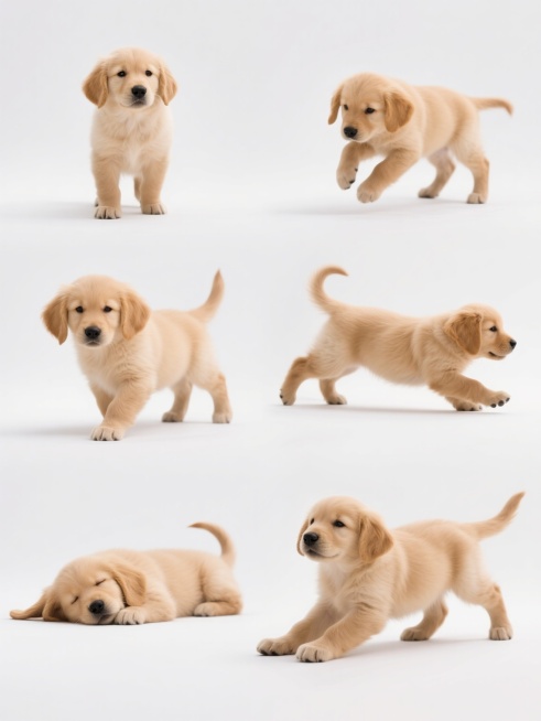超写实摄影风格，一组6只金毛幼犬在白色纯色背景下的系列照片集合，每只幼犬姿态各异，分别呈现站立、奔跑、玩耍、睡觉、摇尾巴和伸懒腰的生动姿态，保持柔和的光影效果，细致刻画毛茸茸的毛发纹理和清晰的面部表情，整体画面温馨自然，高分辨率，专业宠物摄影水准，统一的视觉风格，规整排布，可爱动人。预览效果