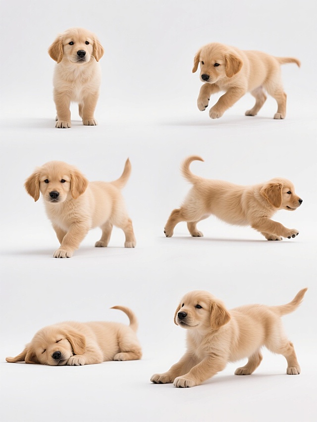 超写实摄影风格，一组6只金毛幼犬在白色纯色背景下的系列照片集合，每只幼犬姿态各异，分别呈现站立、奔跑、玩耍、睡觉、摇尾巴和伸懒腰的生动姿态，保持柔和的光影效果，细致刻画毛茸茸的毛发纹理和清晰的面部表情，整体画面温馨自然，高分辨率，专业宠物摄影水准，统一的视觉风格，规整排布，可爱动人。
