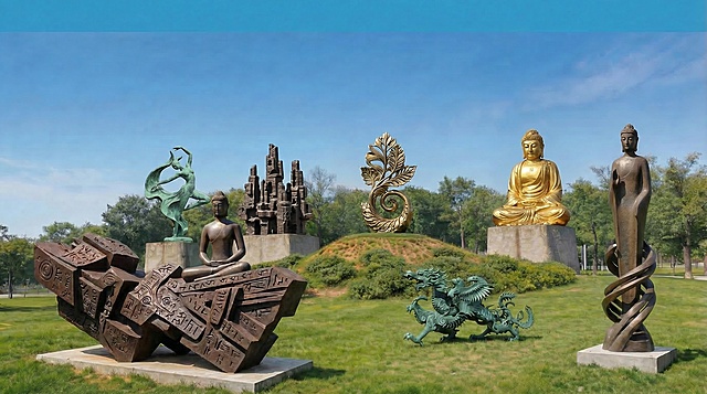 将图中红圈标记的雕塑替换为图1所示的金色佛像风格雕塑，保持整体清新高级的设计风格，确保材质质感与现有雕塑群协调，1920*1080分辨率
