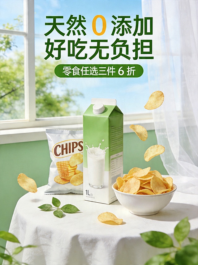 清新治愈风健康零食促销海报。主体为1L装绿白配色牛奶盒、印有"CHIPS"字样的薯片袋，以及一只装满薯片的白瓷碗，所有产品放置在铺有白色桌布的桌面上，画面中有几片薯片飞动散落。背景是窗边春日场景：淡绿色墙面、白色纱质窗帘，窗外可见绿树蓝天，桌面点缀新鲜绿叶材。顶部艺术字"天然 0 添加 好吃无负担"，标题下方绿色底色标签写着"零食任选三件 6 折"。整体以清新绿、奶白色、暖黄色为主色调，画面明亮柔和、层次通透，写实商业摄影风格，光影自然柔和，排版简洁吸睛，适配健康零食电商促销宣传使用。