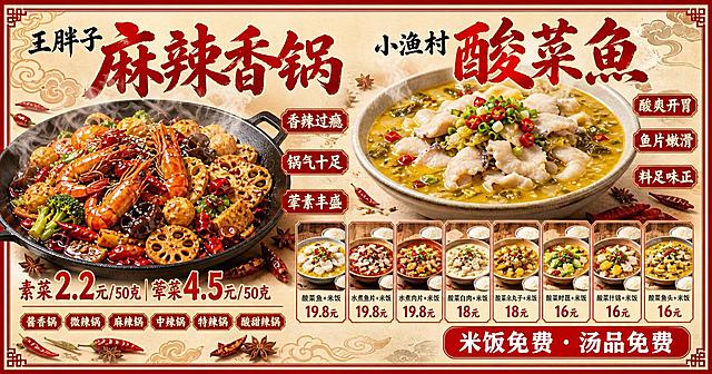 超宽幅餐饮门头灯箱画面，画面比例285:75，一整块完整的门头灯箱画面，仅外围有一圈统一的红色中式描边外框，内部无任何竖向生硬分割线、无左右两个独立框体、无双板块拼接感。整体风格为高清写实国风市井风，米黄色复古统一底色，高对比度、所有文字清晰锐利，适配远距离阅读；菜品油润有光泽、带自然升腾的热气，烟火气与食欲感强烈。左右两个品类的内容在统一底色上自然排布，中间通过食物升腾的热气、八角、干辣椒、中式祥云等边角装饰、暖色调光影渐变自然衔接过渡，视觉浑然一体，完全消除两块招牌拼接的观感。

左侧内容：王胖子麻辣香锅
1. 顶部标题：书法艺术字，「王胖子」三字字号偏小，「麻辣香锅」四字放大加粗，为左侧区域最醒目文字
2. 核心主图：一大锅满满当当的红油麻辣香锅，包含鲜虾、丸子、素菜、干辣椒、花椒等食材，红油鲜亮、色泽浓郁、冒着热气，占据左侧核心视觉区域
3. 卖点文字：主图旁搭配3组红色四字卖点——「香辣过瘾」、「锅气十足」、「荤素丰盛」
4. 价格文字：主图下方醒目红色大字——「素菜 2.2元/50克 | 荤菜 4.5元/50克」
5. 口味标注：最底部小字标注可选口味——「酱香锅、微辣锅、麻辣锅、中辣锅、特辣锅、酸甜辣锅」

右侧内容：小渔村酸菜鱼
1. 顶部标题：书法艺术字，「小渔村」三字字号偏小，「酸菜鱼」三字放大加粗，为右侧区域最醒目文字
2. 核心主图：一大盆金汤酸菜鱼，鱼片白嫩饱满，酸菜、小米辣、葱花点缀，汤汁金黄鲜亮、冒着热气，占据右侧上半部分核心视觉
3. 卖点文字：主图旁搭配3组红色四字卖点——「酸爽开胃」、「鱼片嫩滑」、「料足味正」
4. 下方菜品价目区：主图下方整齐横向排布8款菜品，每款菜品对应1张精致菜品小图+1组价格，图文一一对应、横向对齐排列：
「酸菜鱼+米饭 19.8元」
「水煮鱼片+米饭 19.8元」
「水煮肉片+米饭 19.8元」
「酸菜白肉+米饭 18元」
「酸菜汆丸子+米饭 18元」
「酸菜时蔬+米饭 16元」
「酸菜什锦+米饭 16元」
「酸菜鱼头+米饭 16元」

底部统一区域：
- 画面右下角放置红色圆角醒目条幅，白色文字：「米饭免费 · 汤品免费」，全程仅出现这一次福利文字
- 画面边角少量点缀八角、干辣椒、中式祥云纹样，装饰清淡，绝不遮挡主图和核心文字

负面排除：禁止出现左右两个独立框体、禁止中间出现生硬分割线、禁止双板块拼接感；禁止出现麻辣烫、炒饼相关内容；禁止重复出现福利文字；禁止文字模糊、错字、乱码；禁止菜品失真无光泽、无热气；禁止多余杂乱装饰遮挡主体；禁止出现人物；禁止底色不统一、左右画风割裂。

画面中必须完整呈现以下文字信息：王胖子、麻辣香锅、香辣过瘾、锅气十足、荤素丰盛、素菜 2.2元/50克、荤菜 4.5元/50克、酱香锅、微辣锅、麻辣锅、中辣锅、特辣锅、酸甜辣锅、小渔村、酸菜鱼、酸爽开胃、鱼片嫩滑、料足味正、酸菜鱼+米饭 19.8元、水煮鱼片+米饭 19.8元、水煮肉片+米饭 19.8元、酸菜白肉+米饭 18元、酸菜汆丸子+米饭 18元、酸菜时蔬+米饭 16元、酸菜什锦+米饭 16元、酸菜鱼头+米饭 16元、米饭免费 · 汤品免费。画面中所有数字必须精确渲染，不得错位、遗漏或编造。画面中所有信息区域、菜品卡片、价格区域必须填充完整合理的内容，不得出现空白框、空白占位、空列表项、空单元格。版式精美。