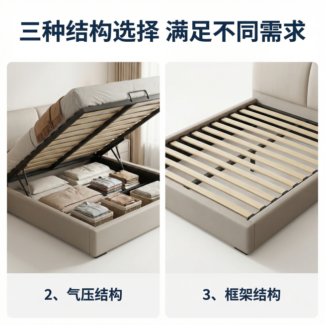 [主图 8] 多种床箱结构选择展示，氛围风格为温馨舒适家居治愈风，商业摄影质感、光线柔和通透、产品清晰真实、画面干净高级。双宫格拼图展示气压结构和框架结构两种不同选择，保持每张图干净白底，产品清晰呈现预览效果