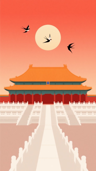 扁平化风格的故宫太和殿场景，主体为橙色琉璃瓦重檐庑殿顶古建筑，红色宫墙与白色汉白玉栏杆，背景是渐变的橙红色天空，中央有一轮圆形落日，三只飞鸟呈人字形掠过天际，整体色彩明快统一，线条简洁流畅，构图对称平衡，干净的视觉效果，符合现实建筑逻辑，适合作为背景素材使用。预览效果