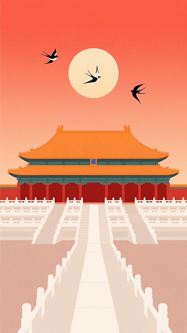 扁平化风格的故宫太和殿场景，主体为橙色琉璃瓦重檐庑殿顶古建筑，红色宫墙与白色汉白玉栏杆，背景是渐变的橙红色天空，中央有一轮圆形落日，三只飞鸟呈人字形掠过天际，整体色彩明快统一，线条简洁流畅，构图对称平衡，干净的视觉效果，符合现实建筑逻辑，适合作为背景素材使用。