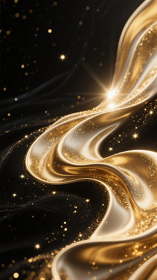 深邃黑色背景上，流淌着金色与香槟金色的液态金属质感绸缎，呈现出自然优雅的波浪起伏形态，表面覆盖着无数细密闪耀的金色光点与星尘，光线从右上方斜射而下，在绸缎的波峰处形成明亮耀眼的高光，波谷处则有深邃柔和的阴影，整体营造出奢华、梦幻、神秘而又宁静的氛围，光点闪烁如同夜空中的繁星，绸缎的光泽细腻且富有层次感，细节丰富，具有极高的质感和视觉冲击力。