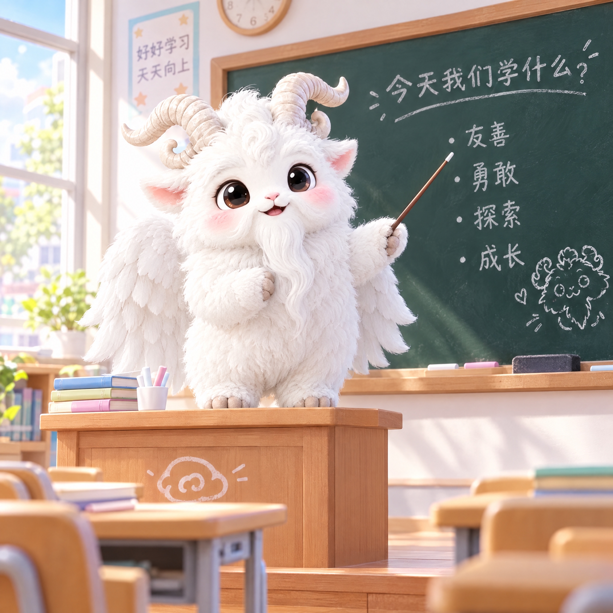 保持参考图中白泽神兽的形象完全一致：通体雪白蓬松毛发、弯曲羊角… - 图片创意预览