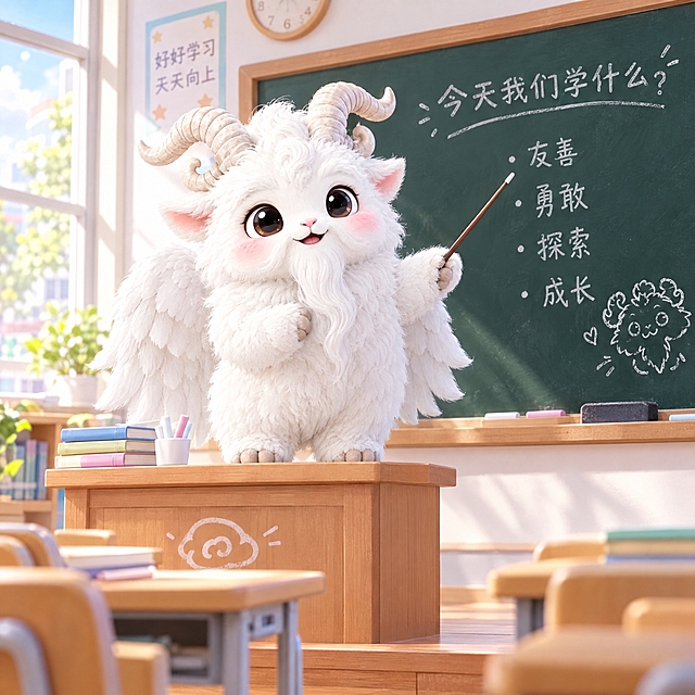 保持参考图中白泽神兽的形象完全一致：通体雪白蓬松毛发、弯曲羊角、山羊胡须、白色翅膀、粉色腮红、大眼睛，Q版毛绒3D卡通风格。白泽站在教室的讲台上，面前有黑板和粉笔，它用前爪拿着教鞭指着黑板，像老师一样在讲课，表情认真又亲切，教室里有课桌椅，明亮的教室环境，3D渲染，C4D风格，毛绒质感，柔和光线，超高细节