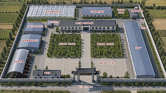 乌什县现代农事综合服务中心总规划平面图鸟瞰图，布局如下：

【整体布局（从南到北）】
- 最南侧：正门（主入口大门）在南侧正中央位置，与北侧办公楼大门正对面，笔直对齐，中式门楼
- 正门左侧（西侧）：值班室两间，白墙灰顶，在正门西侧
- 值班室西侧：农机停车棚，拱形棚顶，沿西南角围墙
- 农机停车棚北侧：农机维修保养车间（正方形），再往北是林草工具存放车间，都在西侧区域
- 林草工具存放车间东侧：绿化树林约1亩，正方形
- 绿化树林东侧：绿化树林约1亩，正方形，两块绿化东西并排，中间是主路，主路从正门笔直通向办公楼大门
- 两块绿化南侧、正门两侧：硬化地1亩，在东侧绿化正南方，正门东侧
- 硬化地东侧：手套厂，南北向长条形厂房，沿东侧围墙从南到北延伸
- 两块绿化北侧：一层办公楼约600平方，东西向横向长方形，位于场地中北部，办公楼大门正对南侧正门
- 办公楼西北侧：室外卫生间，小型建筑
- 办公楼北侧偏西：温室大棚育苗培育，大型横向长方形，在场地西北角
- 办公楼北侧偏东：农资化肥存放库约400平方，横向长方形，在温室大棚东侧
- 农资库东侧：绿化树林约半亩地，正方形小绿地
- 农资库东北侧：供暖电锅炉房，小型建筑
- 锅炉房南侧：侧门，在东侧围墙北部
- 侧门南侧：变压器，小型电力设施

【建筑风格】
- 办公楼：现代简约，白墙灰顶，大门朝南正对正门
- 厂房车间：钢结构，蓝灰顶
- 温室大棚：透明连栋薄膜温室
- 四周围墙围合，新疆南疆乡村风貌，蓝天白云，农田环绕
- 鸟瞰视角，高清细节，专业规划效果图，各区域有文字标注