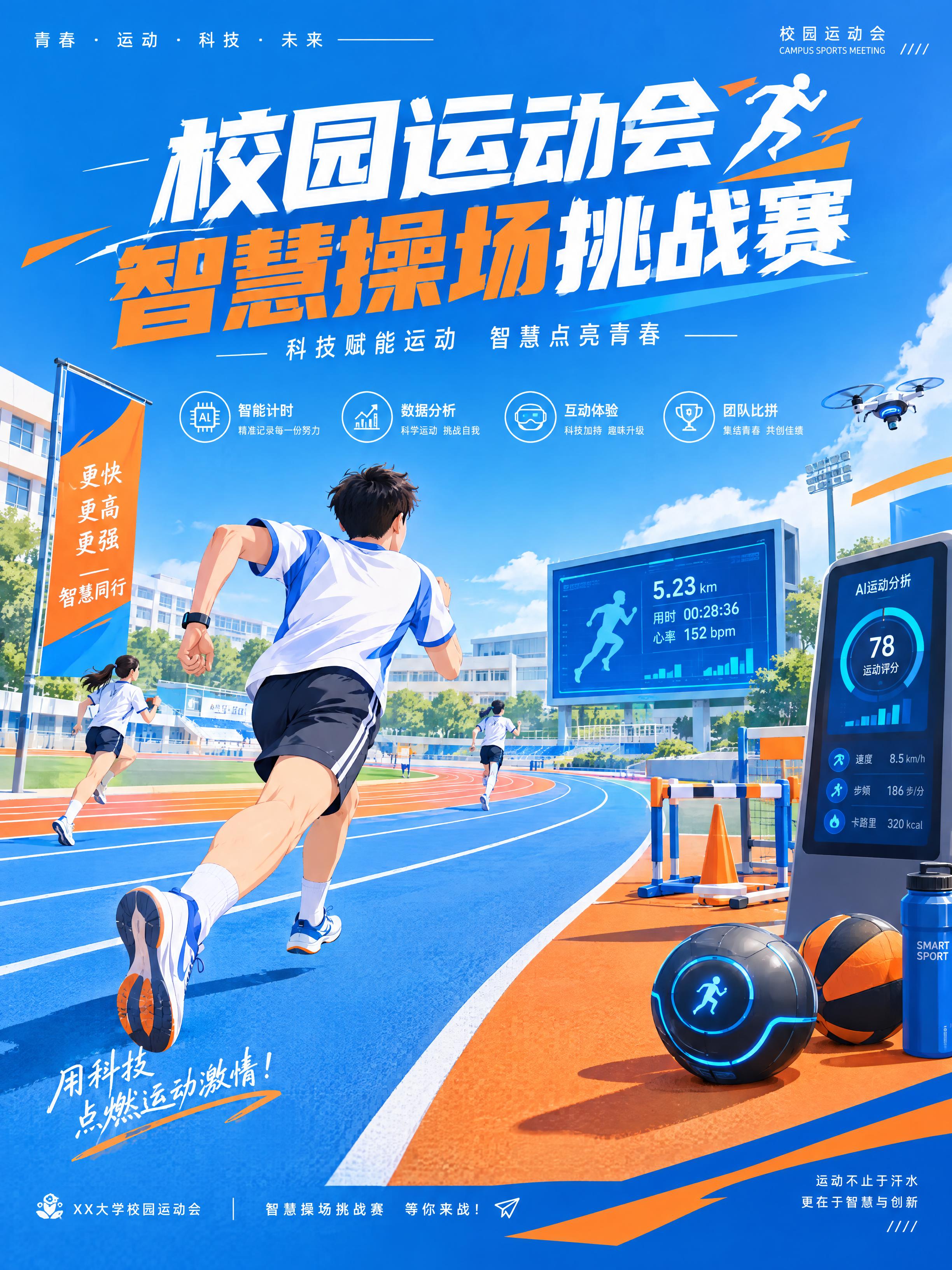 校园运动会智慧操场挑战赛宣传海报，现代简约设计风格，画面以蓝色… - 图片创意预览