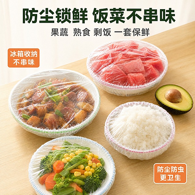 [主图-3] 一次性保鲜膜套 食材使用场景图，主题为防尘锁鲜 饭菜不串味。
[统一基调] 淘宝品质电商风，洁净明亮通透，整体以白色+清透浅绿为主色，标题字用深绿色粗黑体，辅助文字用深灰色，强调色为橙红色，字体为无衬线粗体，字号层级分明，卡片为圆角轻阴影，整体干净清爽有生活感。
[画面] 俯视角度的厨房餐桌场景，桌面上摆放3-4个套好了保鲜膜套的碗盘：一个装着切好的西瓜/水果块、一个装着剩菜红烧肉或炒菜、一个装着米饭或熟食，每个碗口都紧紧套着透明保鲜膜套，彩色松紧边清晰可见；旁边还放着半个未套的牛油果或柠檬作为对比；背景是浅木色餐桌+柔和自然光，营造真实家庭冰箱保鲜前置场景，产品作为场景核心元素，占画面约55%。
[光影质感] 真实生活摄影质感，自然光从上方洒落，食物色泽新鲜诱人，保鲜膜套透明贴合碗口，有轻微反光体现密封性，桌面有自然木纹质感，整体温暖有食欲。
[配色] 背景浅木色+白色碗盘，食物色彩丰富自然，标题深绿色，整体温馨洁净有生活气息。
[文字版式] 顶部大标题"防尘锁鲜 饭菜不串味"，粗体深绿色；标题下方副文案"果蔬 熟食 剩饭 一套保鲜"；画面左下角有一个小标签"冰箱收纳不串味"；右下角有一个小标签"防尘防虫更卫生"；文字放在负空间，不遮挡食物主体。
[输出要求] 1:1正方形，2048x2048，文字清晰可读，食物真实诱人，产品贴合自然，无变形，无错字，无水印，无平台logo。