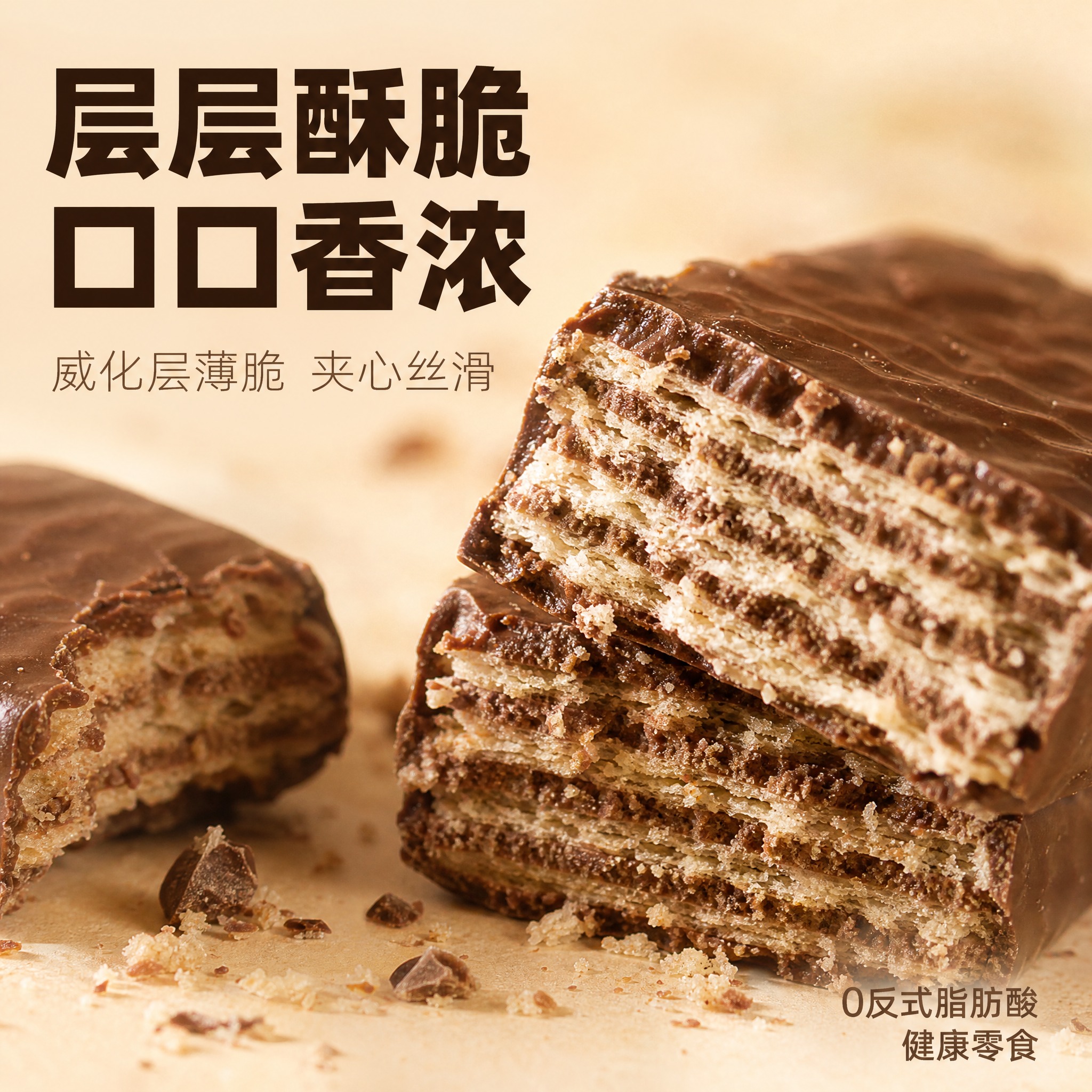 [主图-3] 细节特写图，微距展示威化饼干的酥脆夹心层次和巧克… - 图片创意预览