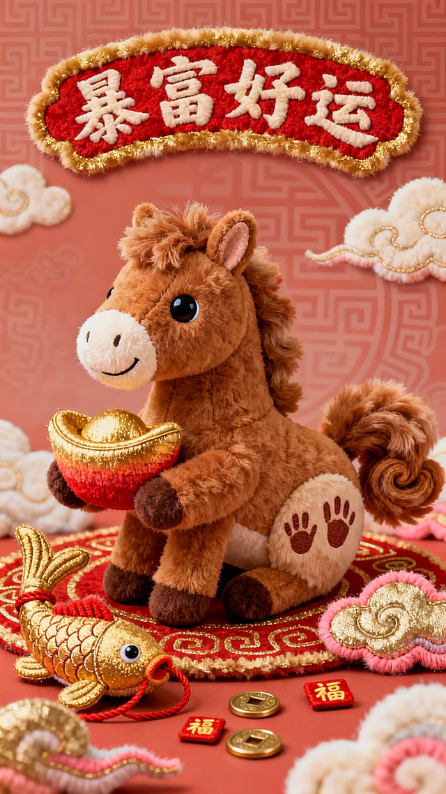 国风喜庆风格，主体为 Q 版毛绒生肖马（棕金配色，绒毛蓬松柔软，圆眼睛带笑意），前爪抱着毛绒元宝（红金渐变，边缘绒毛清晰），周围环绕毛绒锦鲤（红底金纹，尾巴蓬松卷曲）、毛绒铜钱（金色带红绳，纹理逼真）和毛绒祥云（浅金 + 粉红渐变）；背景为淡红色国风暗纹（祥云 + 回形纹），轻微虚化；画面上方有国风毛笔字体 “暴富好运”（红底描金，带毛绒边框），下方散落小巧毛绒福字和铜钱；整体色彩鲜艳治愈，毛绒质感细腻，吉祥氛围拉满，高清晰度，适配全屏。透视角度，屁股显示出来，屁股上有三个手掌印