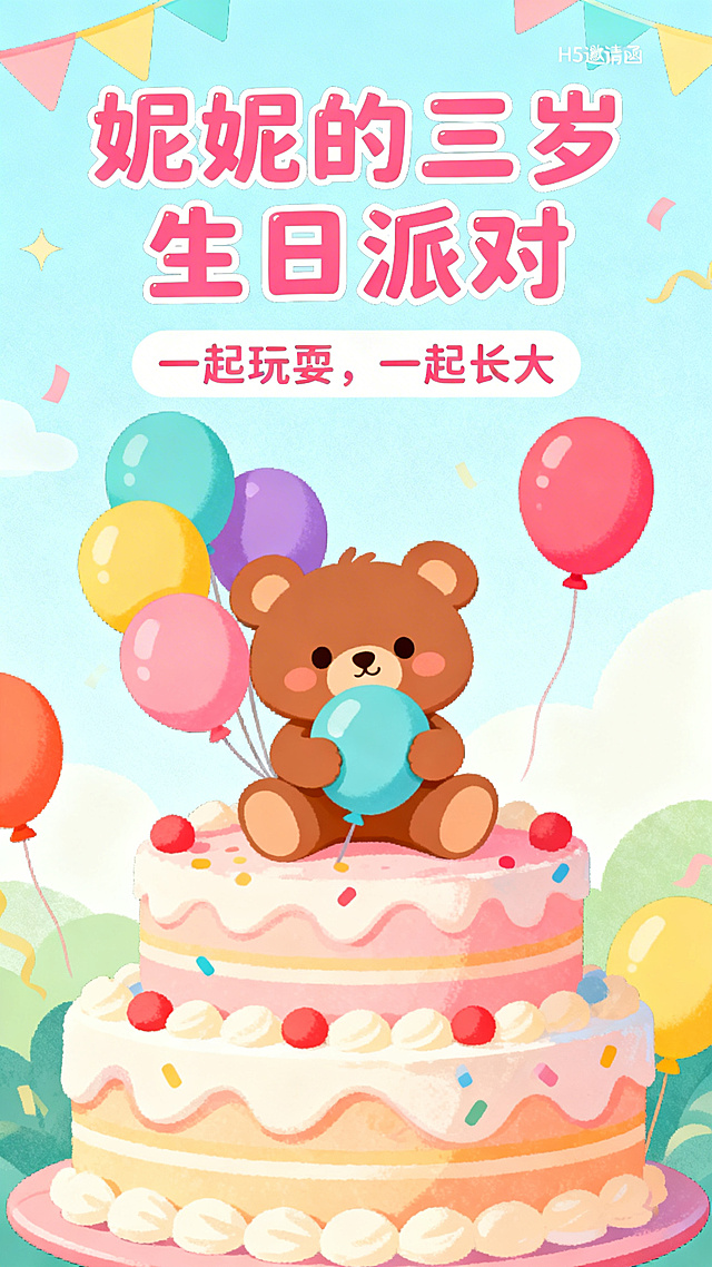 马卡龙配色儿童生日派对H5邀请函封面，标题“妮妮的三岁生日派对”，副标题“一起玩耍，一起长大”，背景有卡通小熊、彩色气球和生日蛋糕，风格活泼可爱，色彩明亮，文字可爱醒目