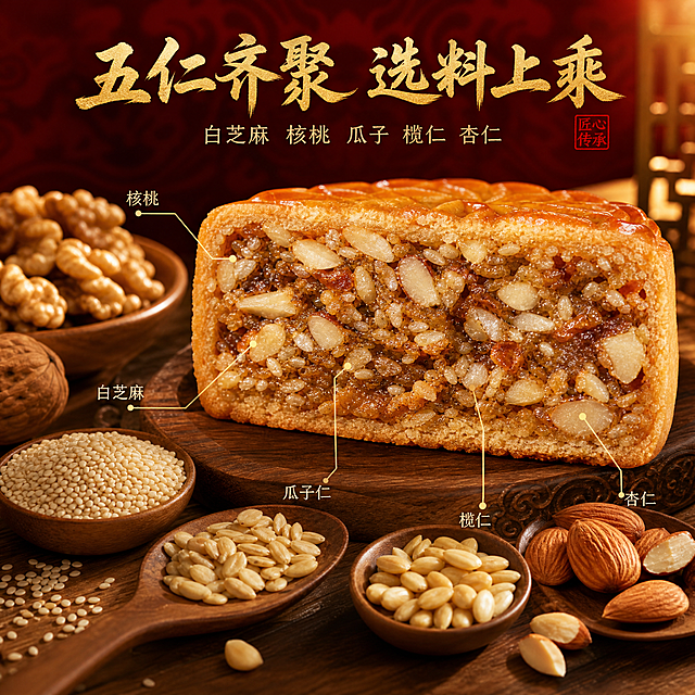 [主图-2] 金装伍仁火腿月饼核心原料展示图，突出五仁齐聚选料上乘，建立品质信任。
[统一基调] 传统中式高端金装风格，深红+金色为主色调，暖木色与暖光点缀，中秋喜庆送礼氛围；主标题粗厚书法体金色，辅助文案细黑体米白色，强调色朱红印章色，自然暖阳逆光。
[画面] 画面中央偏右为切开的伍仁月饼大特写，切面占据主要视觉，清晰展示五种果仁：白芝麻、核桃、瓜子仁、榄仁、杏仁颗粒分明、饱满油亮。月饼周围散落摆放对应真实原料：核桃、杏仁、榄仁、瓜子、白芝麻，用极细金色引线从切面各部位指向对应原料并标注名称。背景为暖木色桌面搭配深红色中式暗纹，整体原料展台式构图。产品与原料占画面约70%。
[光影质感] 自然暖阳光线从侧上方照射，果仁表面有油亮高光，核桃有自然纹理凹凸感，月饼饼皮酥脆层次分明，整体微距高清质感，食材新鲜诱人。
[配色] 暖木色桌面+深红背景，产品金棕色，标题金色，引线与标注文字米白色。
[文字版式] 上方主标题书法体"五仁齐聚 选料上乘"，下方小字"白芝麻 核桃 瓜子 榄仁 杏仁"，各原料旁有小号名称标注。文字放在上下负空间，不遮挡月饼主体。
[输出要求] 1:1正方形，文字清晰可读，产品清晰不变形，无错字，无水印，无平台Logo，无杂乱元素。