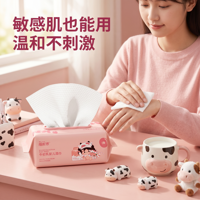 [主图 6] 维妮香湿巾敏感肌护理场景。氛围风格：软萌少女风；画质：商业摄影质感，光线柔和通透，产品清晰真实，画面干净高级；元素：女生桌面场景，粉色系书桌，女生正抽出一张湿巾擦手，维妮香湿巾包放置在桌预览效果
