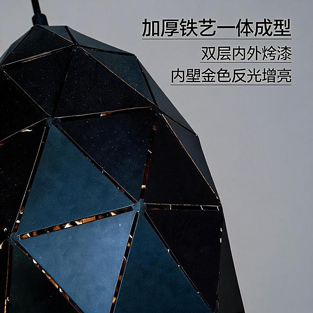 「图片1」「图片1」，生成电商主图（8张），商品名称是圆球吊灯，卖点是几何钻石镂空造型：多边切面铁艺网格结构，灯光透过缝隙形成光影肌理，氛围感强，工业风艺术感突出
黑白双色可选：哑光黑沉稳复古、纯白简约清爽，适配不同家装配色
内外双层烤漆工艺：内壁金色反光增亮，外部防锈耐刮，久用不掉漆、不易生锈
二、结构实用卖点
吊线长度可自由调节：适配不同层高，餐厅、吧台、岛台高低安装灵活
E27 通用灯头：兼容 LED 灯泡、钨丝灯泡，更换光源简单，采购适配性强
加厚铁艺材质：一体成型框架，坚固不易变形，承重稳固，安装不易晃动
小巧单头尺寸：不压空间，单头、多头组合安装都美观
三、风格 & 场景卖点
风格百搭：北欧风、工业风、复古风、loft、轻奢风都适配
多场景适用：餐厅餐桌、吧台、收银台、过道玄关、奶茶店、咖啡馆、床头小吊、书房局部照明
装饰 + 照明两用：基础照明同时兼具软装装饰效果，小店、家装软装性价比高，适配淘宝/天猫平台，主图比例为1:1严格控制商品主体外观、颜色等等不变