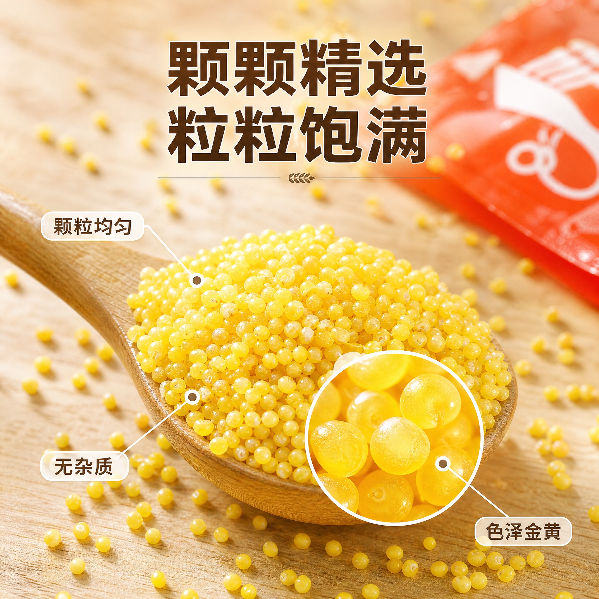 电商主图细节图 黄小米微距特写 颗粒饱满色泽金黄。一勺金黄小米… - 图片创意预览
