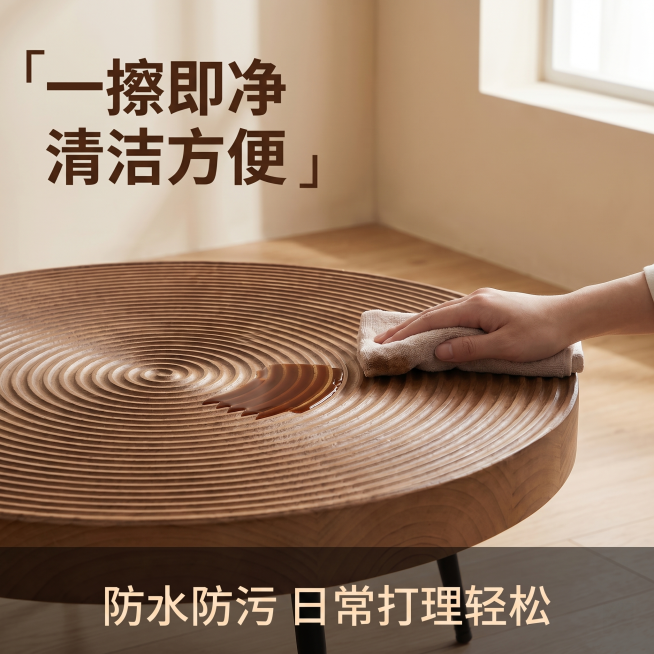 [主图 5] 实木小茶几易清洁特性演示。[氛围风格] 温馨舒适家居治愈风，功能演示直观。[画质] 商业摄影质感，光线柔和通透，产品清晰真实，画面干净高级。[元素] 展示茶水不慎洒在实木小茶几桌面上，用预览效果
