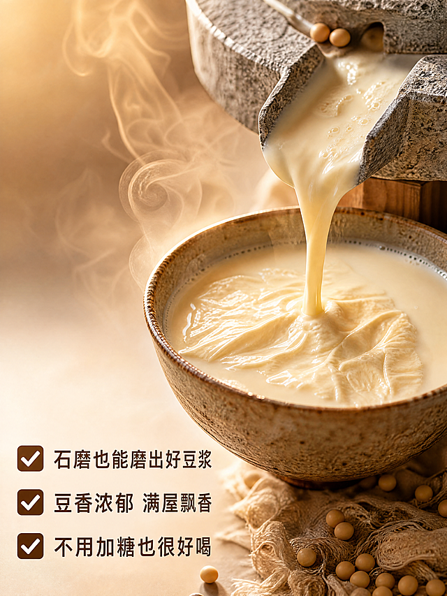 [主图-3] 石磨浓稠豆浆特写效果图，暖调食欲感。微距摄影，细节纹理清晰。特写石磨出口流出浓稠豆浆，表面浮厚豆皮，热气腾腾，流入下方粗陶碗。侧逆光形成蒸汽金边，暖奶白+浅棕配色，景深较浅突出豆浆主体。左下角勾选卖点：✅ 石磨也能磨出好豆浆 ✅ 豆香浓郁 满屋飘香 ✅ 不用加糖也很好喝，文字清晰不遮挡。3:4比例，4K分辨率。负向提示词：变形，水印，文字错乱，质感虚假，背景杂乱